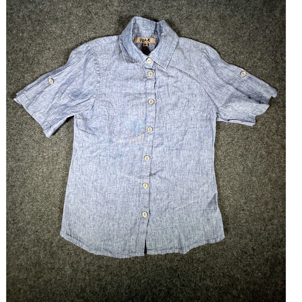 FLAX Womens Petite P Blue Linen Short Sleeve Button Down Shirt Tab Sleeve Top